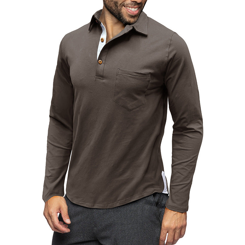 Herren Langarm Poloshirt – Slim Fit – Baumwollmix – Brusttasche – Knopfleiste