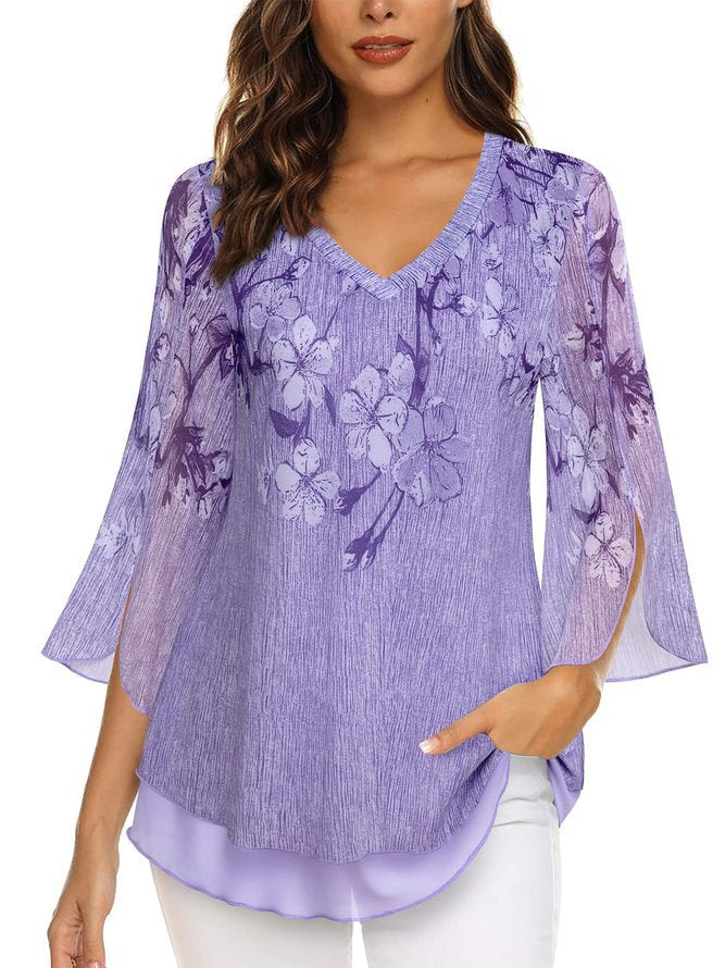 Damen Bluse – Lockerer Schnitt – V-Ausschnitt – Blumenmuster – Flatterärmel 3/4