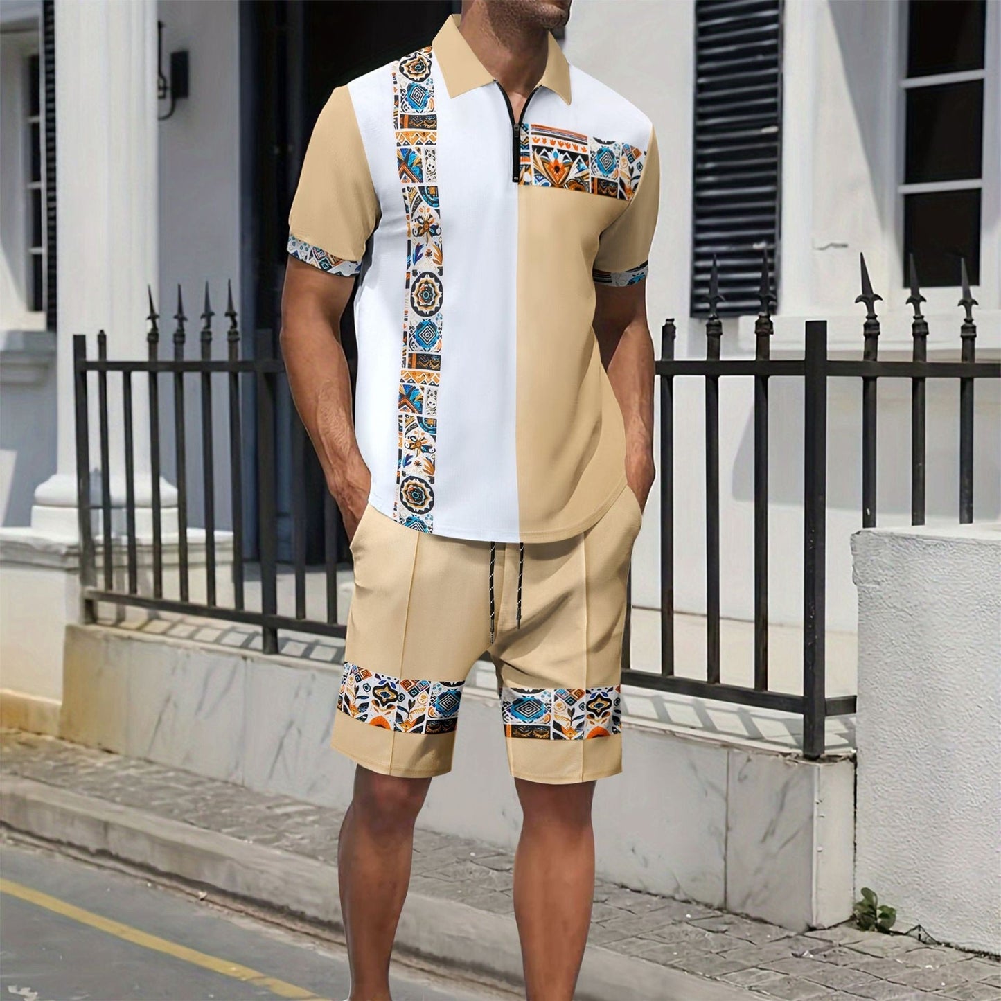 Herren Set mit Shirt und Shorts – Regular Fit – Baumwolle – Geometrischer Print