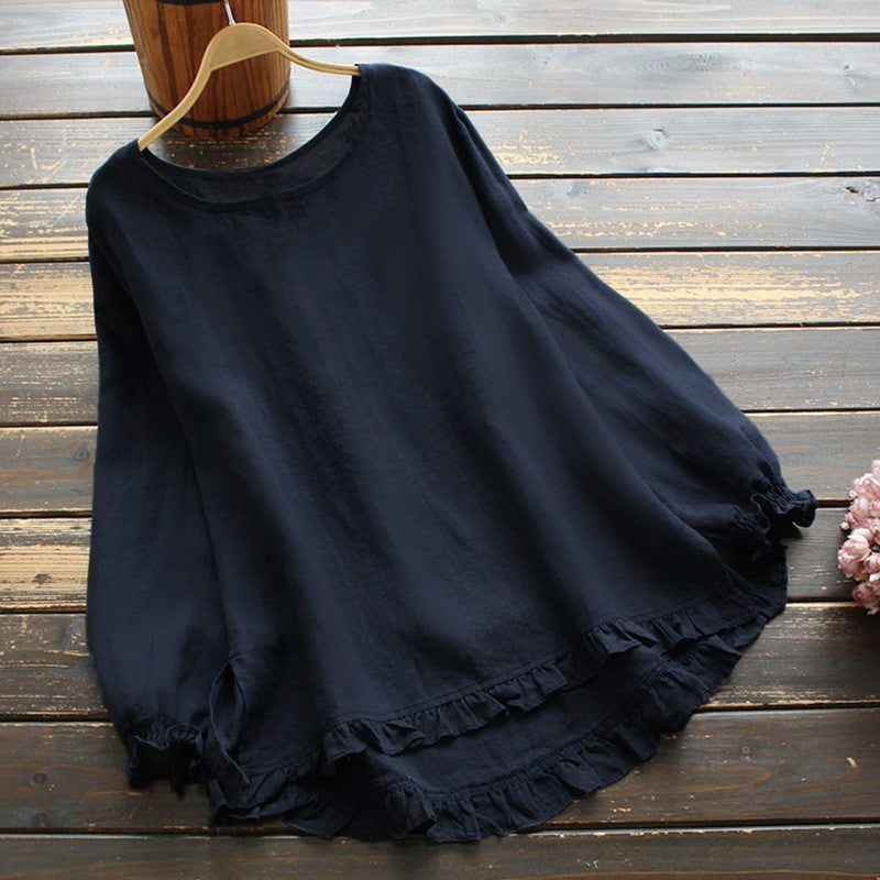 Damen Bluse – Lockerer Schnitt – Cotton-Linnen – Rüschenärmel – Rundhals Langarm