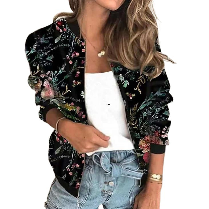 Damen Kurzjacke – Lockerer Schnitt – Reißverschluss – Rippbündchen – Künstlerischer Print