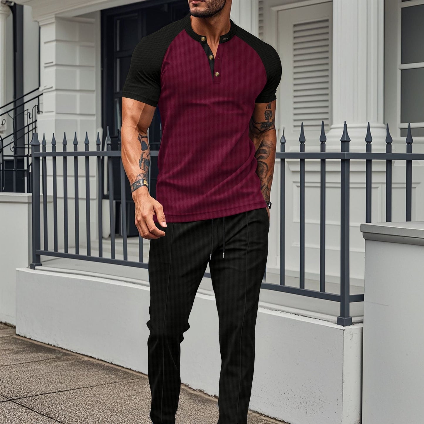 Herren Kurzarmhemd – Slim Fit – Atmungsaktiv – Raglanärmel – Knopfleiste
