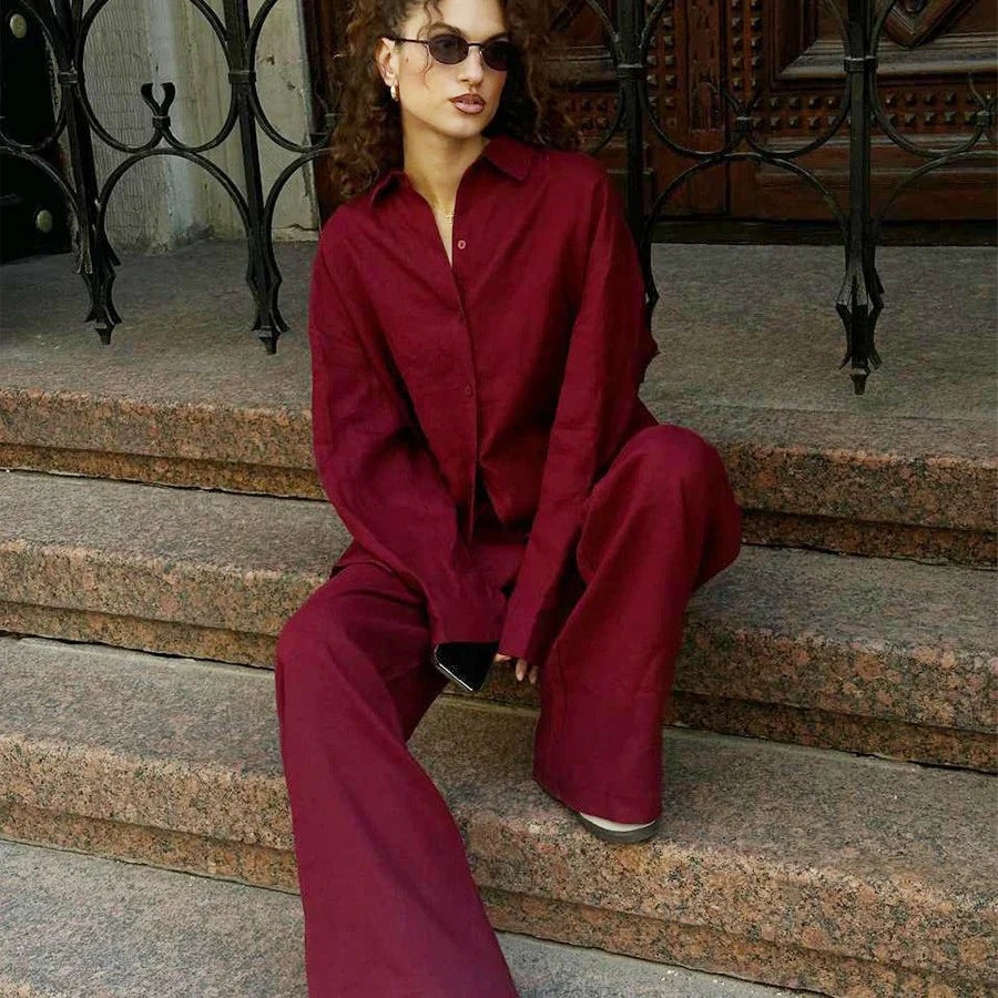 Women’s Two-Piece Set – Relaxed Fit – Oversized Top – Wide-Leg Pants – Natural Fibers