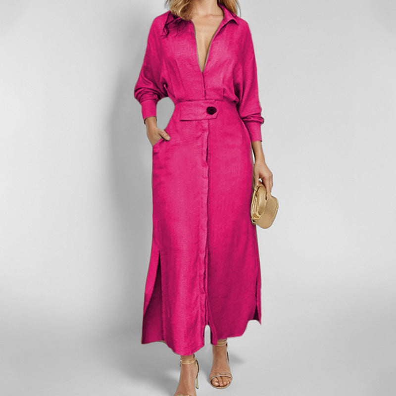 Damen Kleid – Hemdblusenkleid – Linnen – Taillierte Passform – Asymmetrischer Saum