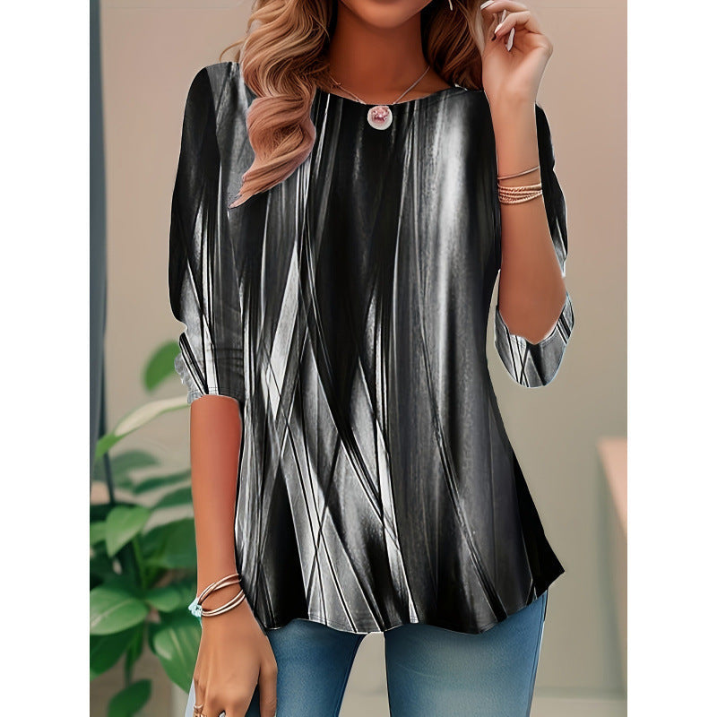 Damen Bluse – Lockerer Schnitt – Abstraktes Muster – 3/4 Ärmel – Atmungsaktiv