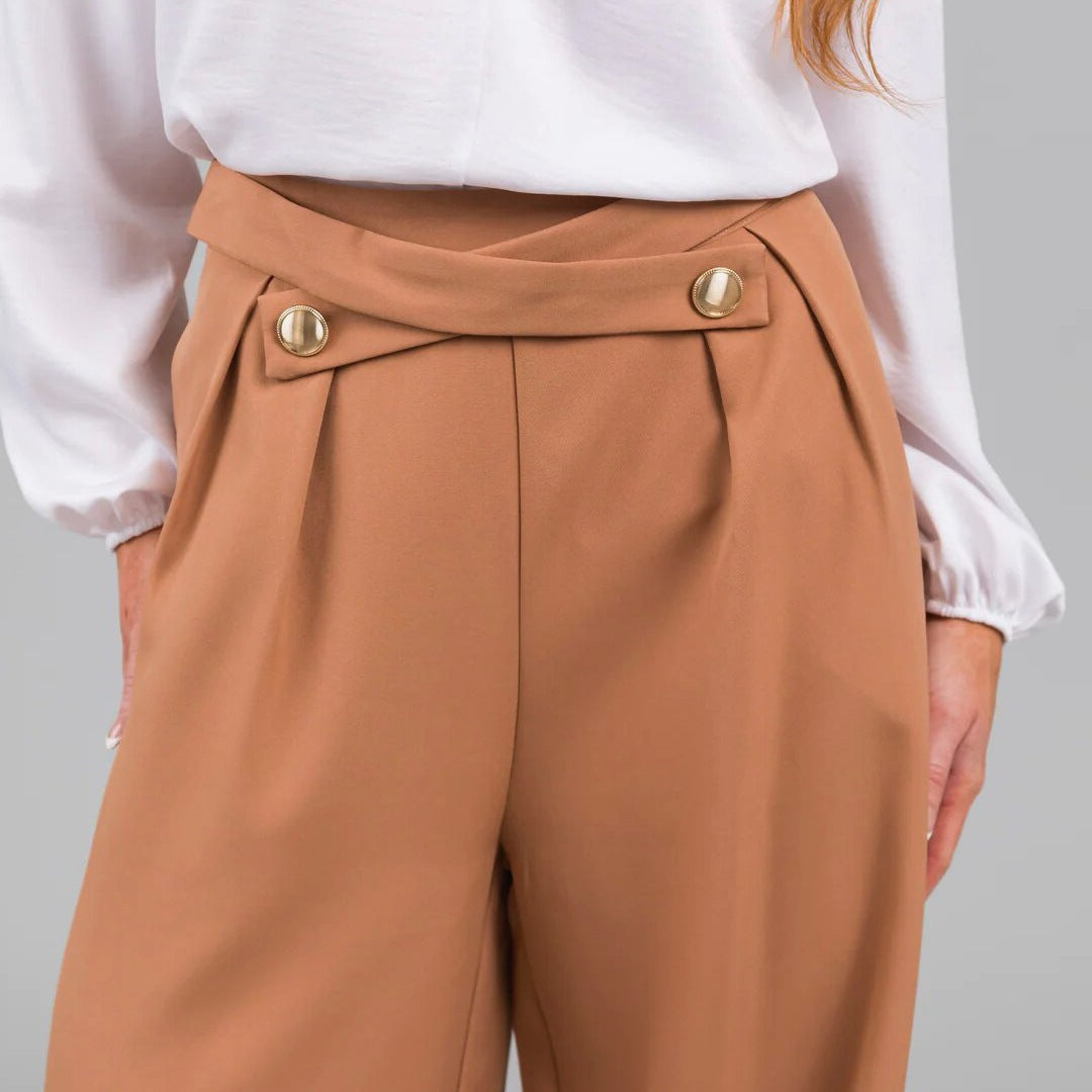 Damenhose – Weit geschnitten – Hoher Bund – Knopfdetail – Lockerer Sitz – Lang