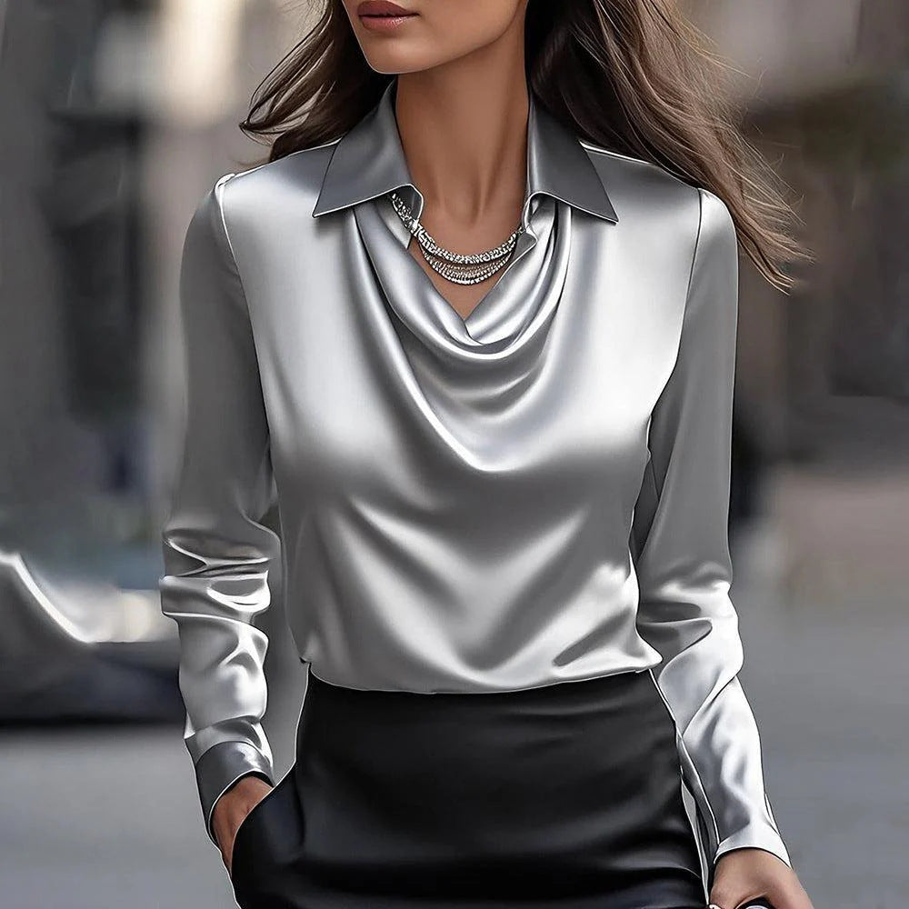 Damen Bluse – Luxusstoff – Drapierter Ausschnitt – Klassischer Kragen – Lockere Passform