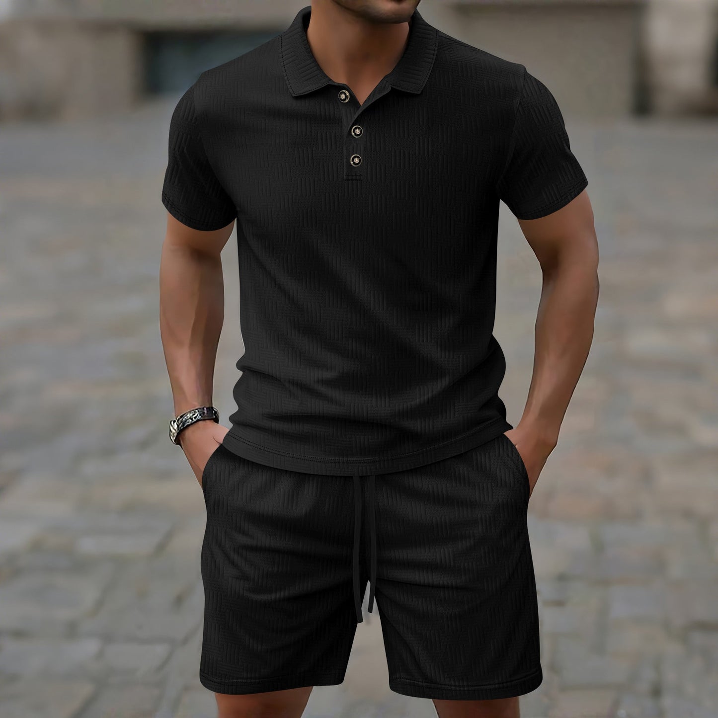 Herren Set – T-Shirt & Shorts – Slim Fit – Atmungsaktiv – Texturiertes Design – Knopfleiste – Elastischer Bund