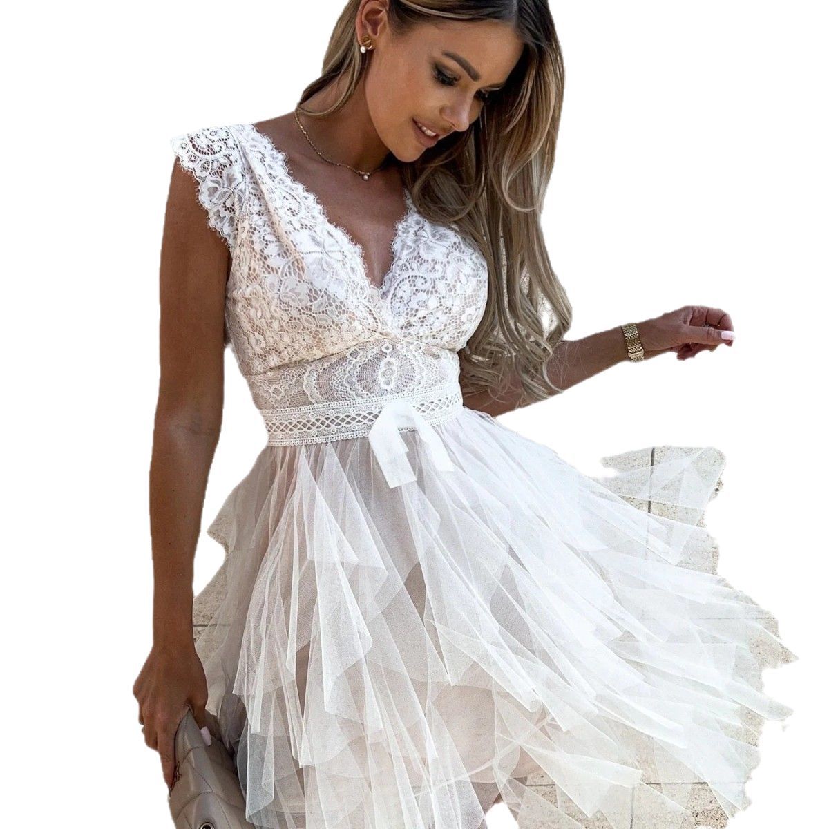 Damen Partykleid – Figurbetontes Oberteil – V-Ausschnitt – Tüllrock – Knielang