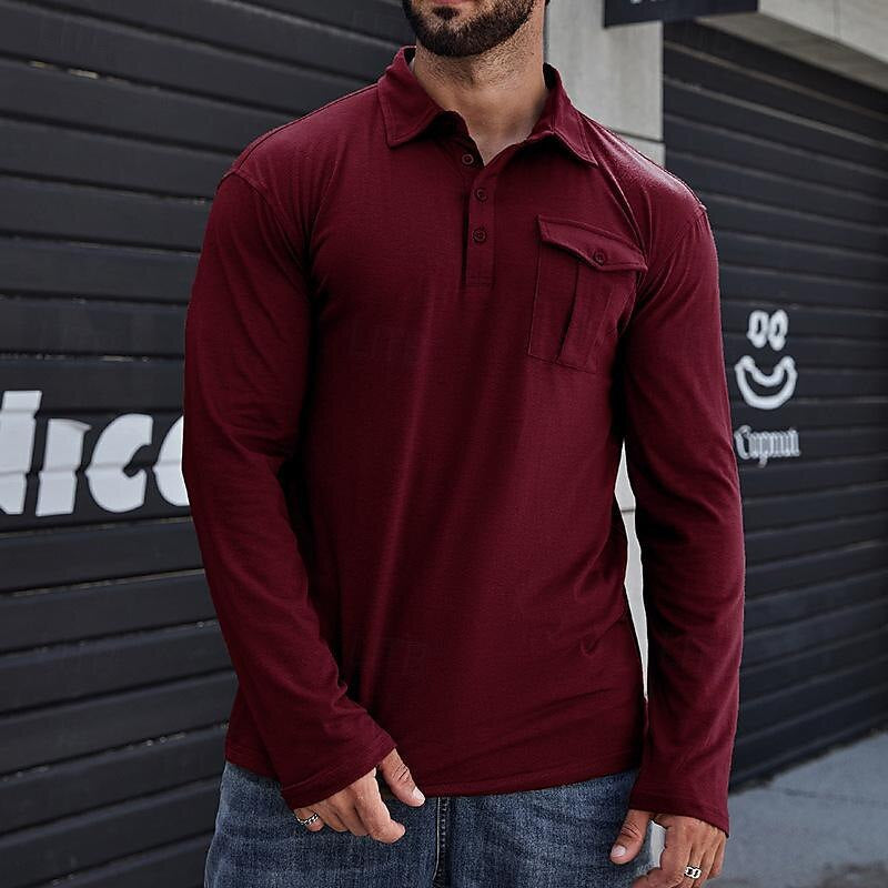 Herren Langarm Henley Polohemd – Baumwolle – Stehkragen – Brusttasche – Lockerer Schnitt