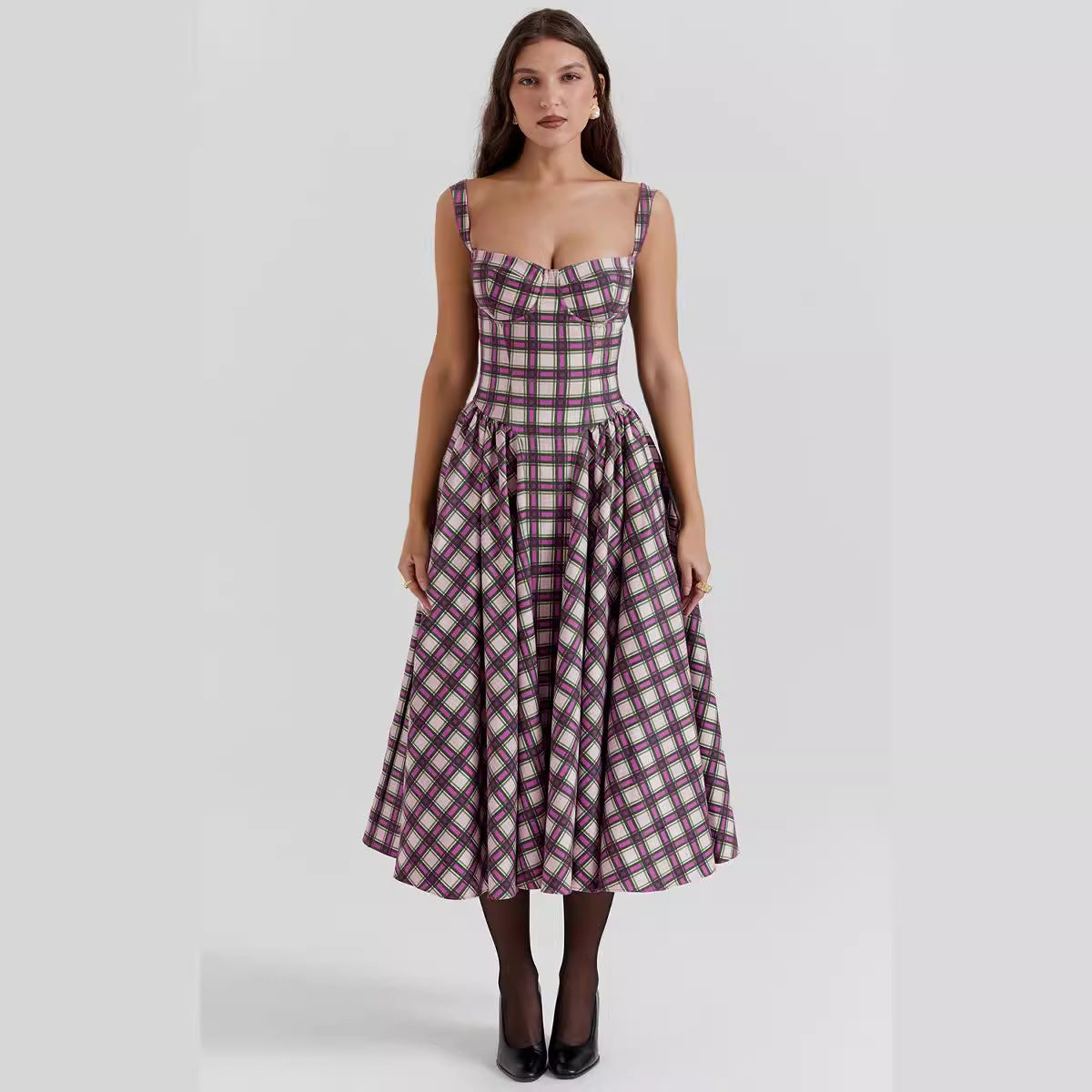 Damen Maxi Kleid – Figurbetontes Oberteil – A-Linie – Karomuster – Mit Taschen