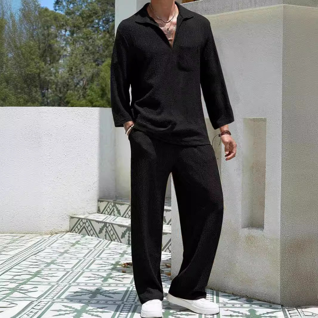 Herren Lounge Set – Relaxed Fit – Weicher Rippstrick – Langarmshirt & Hose