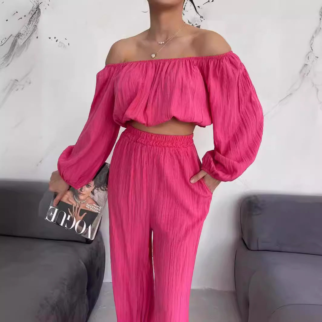 Damen Zweiteiler Set – Off Shoulder Crop Top – Weit Beinschnitt – Elastischer Bund