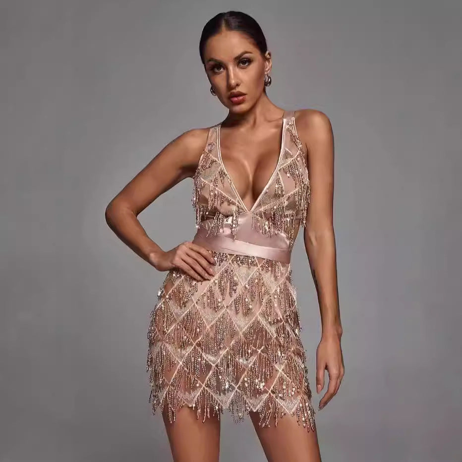 Damen Midikleid – Figurbetont – V-Ausschnitt – Pailletten mit Quasten – Geometrisch