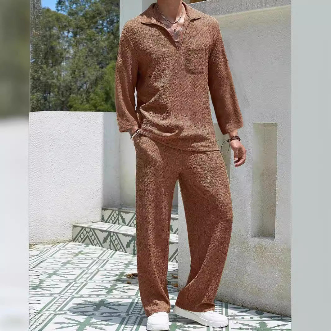 Herren Lounge Set – Relaxed Fit – Weicher Rippstrick – Langarmshirt & Hose