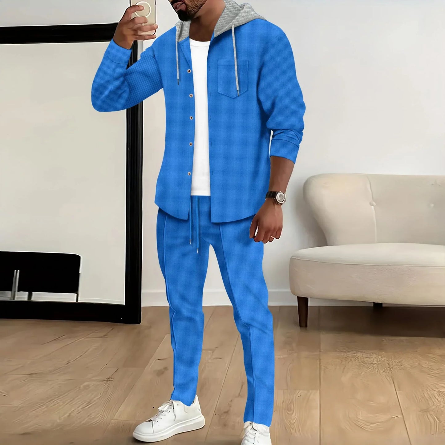 Herren Trainingsanzug – Relaxed Fit – Baumwollmix – Kapuze – Knopfleiste – Kordelzug