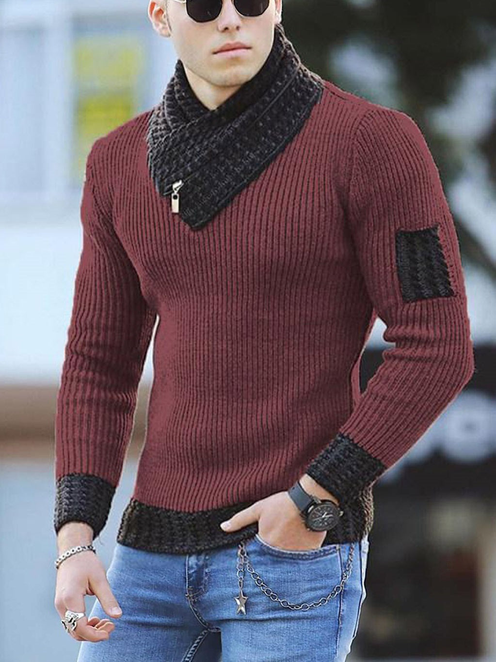 Herren Pullover – Slim Fit – Rippenstrick – Schalkragen mit Reißverschluss – Wollmix