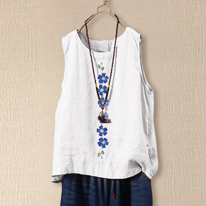 Damen Bluse ohne Ärmel – Lockerer Schnitt – Florale Stickerei – Naturfasern