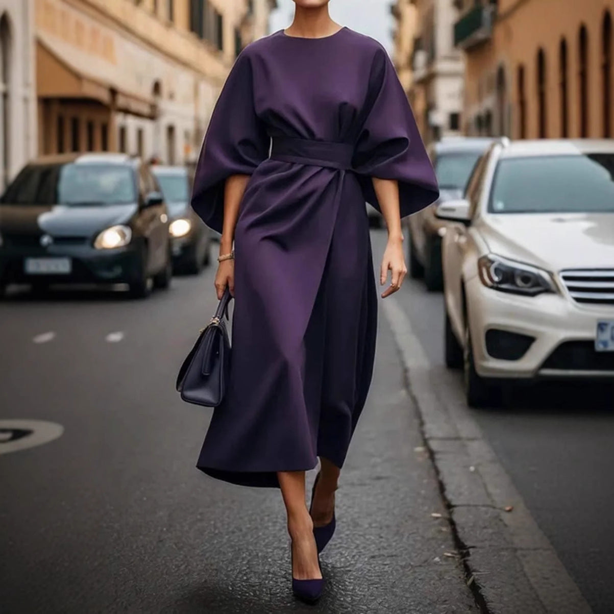Damen Maxikleid – Batwing Ärmel – Tailliert – Eleganter Drapierter Schnitt