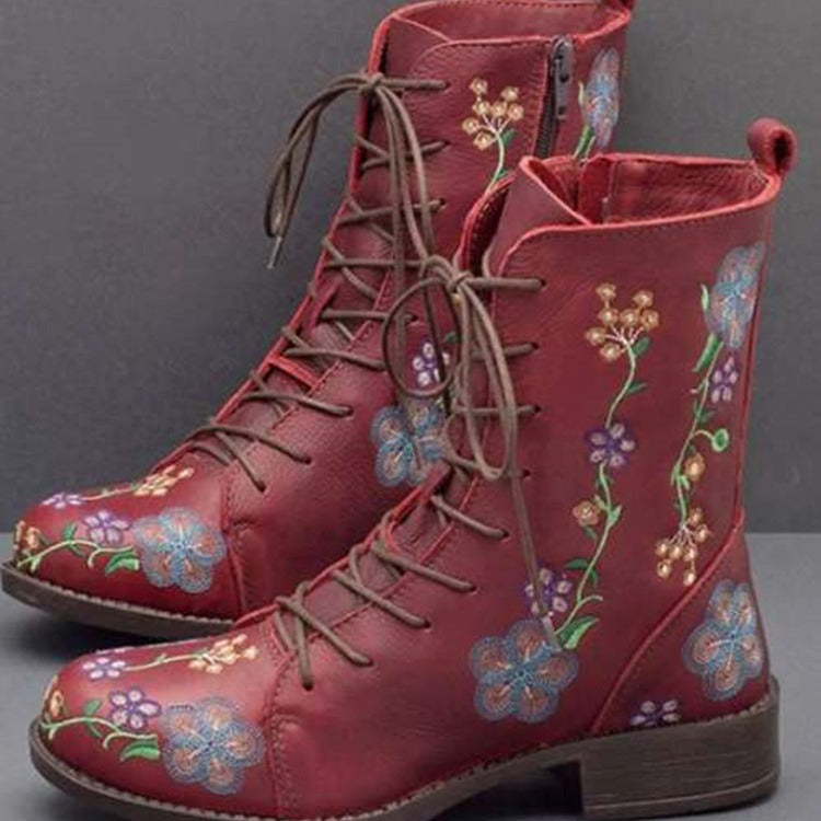 Damen Mid-Calf Boots – Strukturierte Passform – Stickerei – Blockabsatz – Reißverschluss