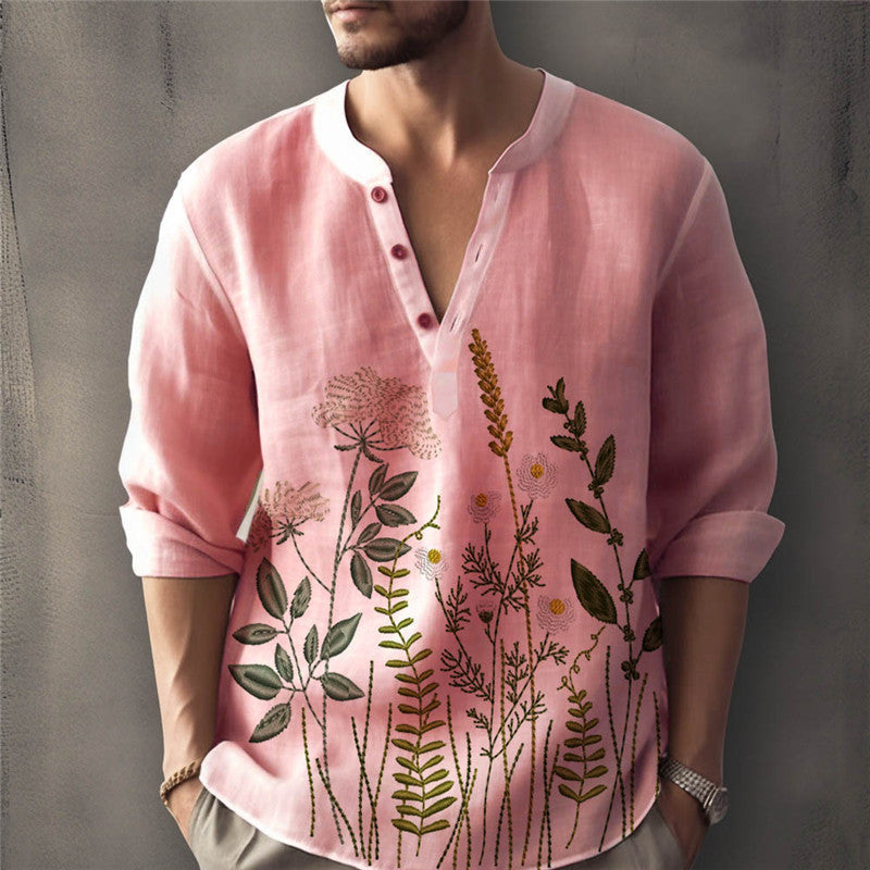 Herren Henley Shirt – Lockerer Schnitt – Florale Stickerei – Atmungsaktive Baumwolle