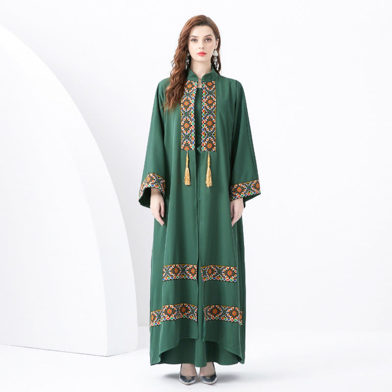 Damen Maxi Kleid – Lockere Passform – Boho-Stil – Ethnisches Muster mit Quasten