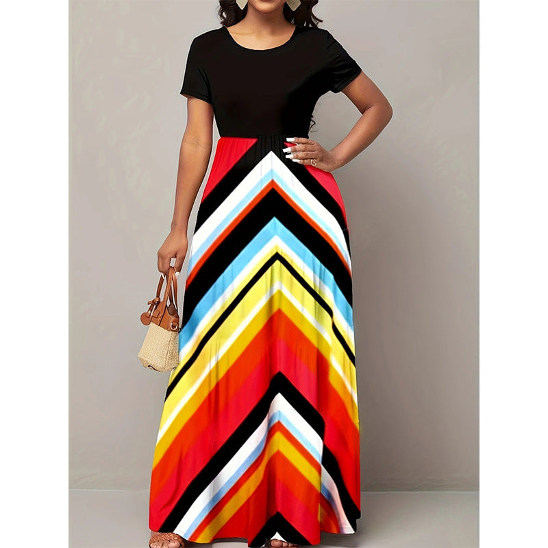 Damen Maxikleid – Fitted Oberteil – Flared Rock – Atmungsaktiv – Chevron Muster