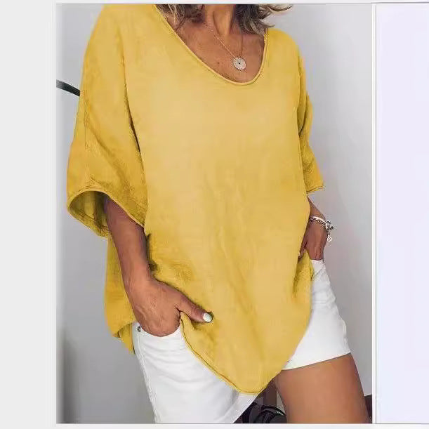 Damen T-Shirt – Linnen Baumwollmix – Lockerer Schnitt – V-Ausschnitt Kurzarm
