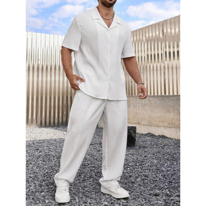 Herren Freizeitset – Atmungsaktive Naturfasern – Lockeres Kurzarmhemd – Gerade Hose