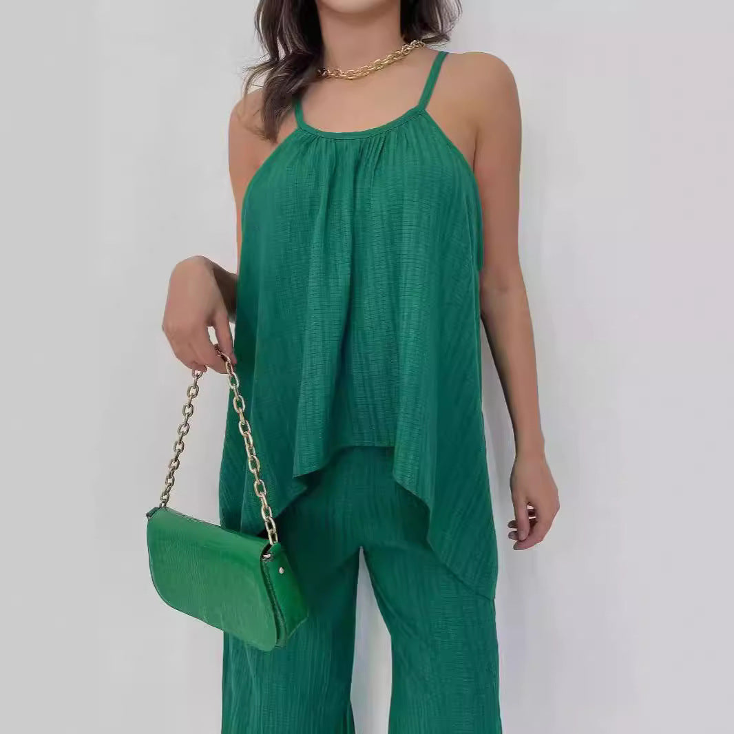 Damen Zweiteiler Set – Haltertop Asymmetrisch – Weit Bein Hose Luftig Locker