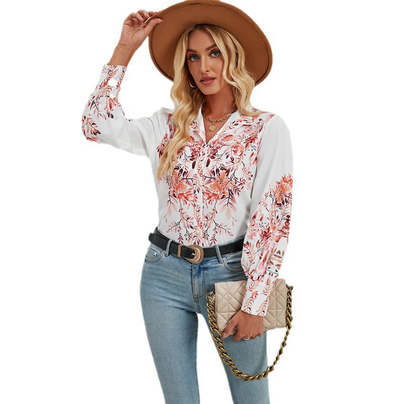 Damen Bluse – Lockere Passform – Knopfleiste – Stehkragen – Blumenmuster