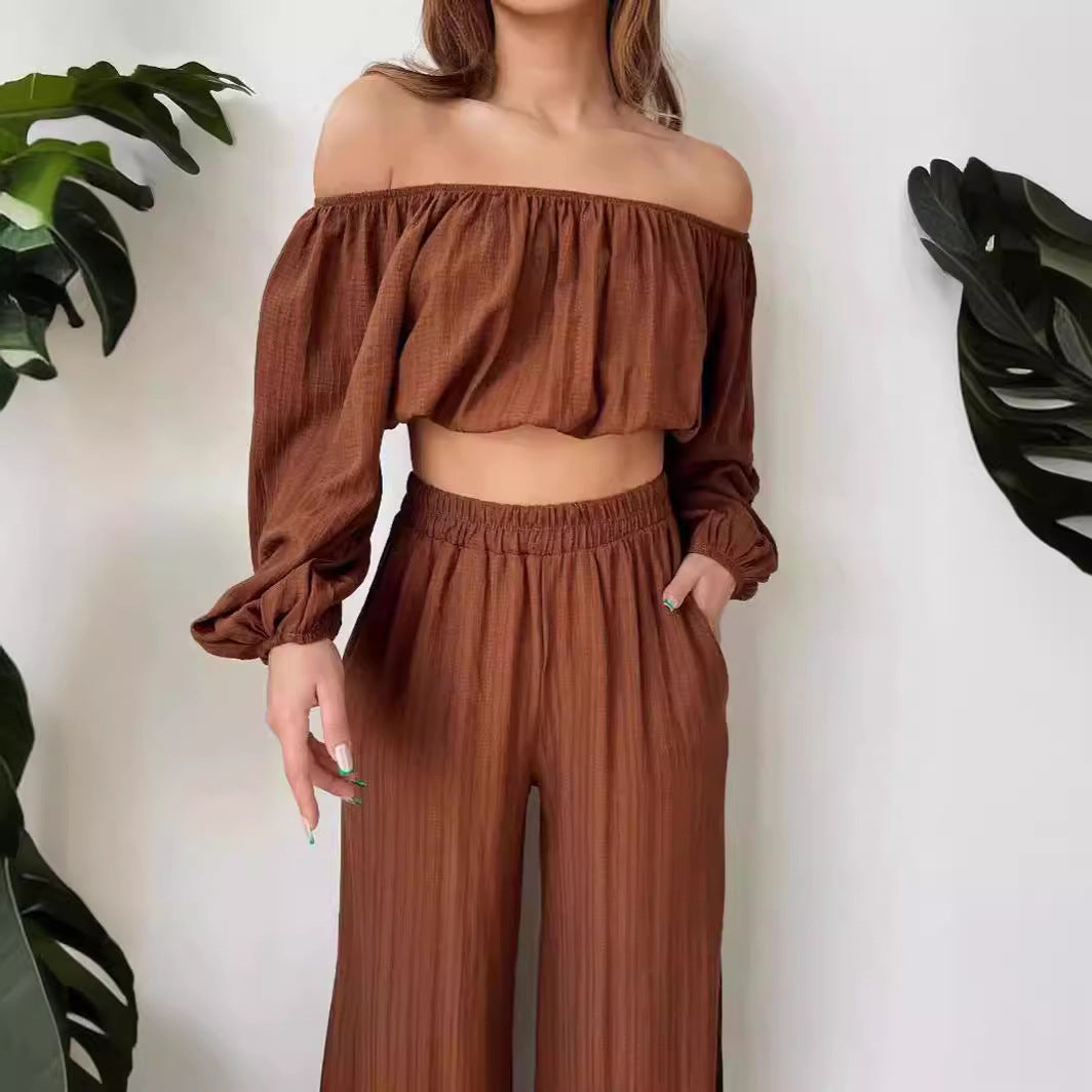 Damen Zweiteiler Set – Off Shoulder Crop Top – Weit Beinschnitt – Elastischer Bund