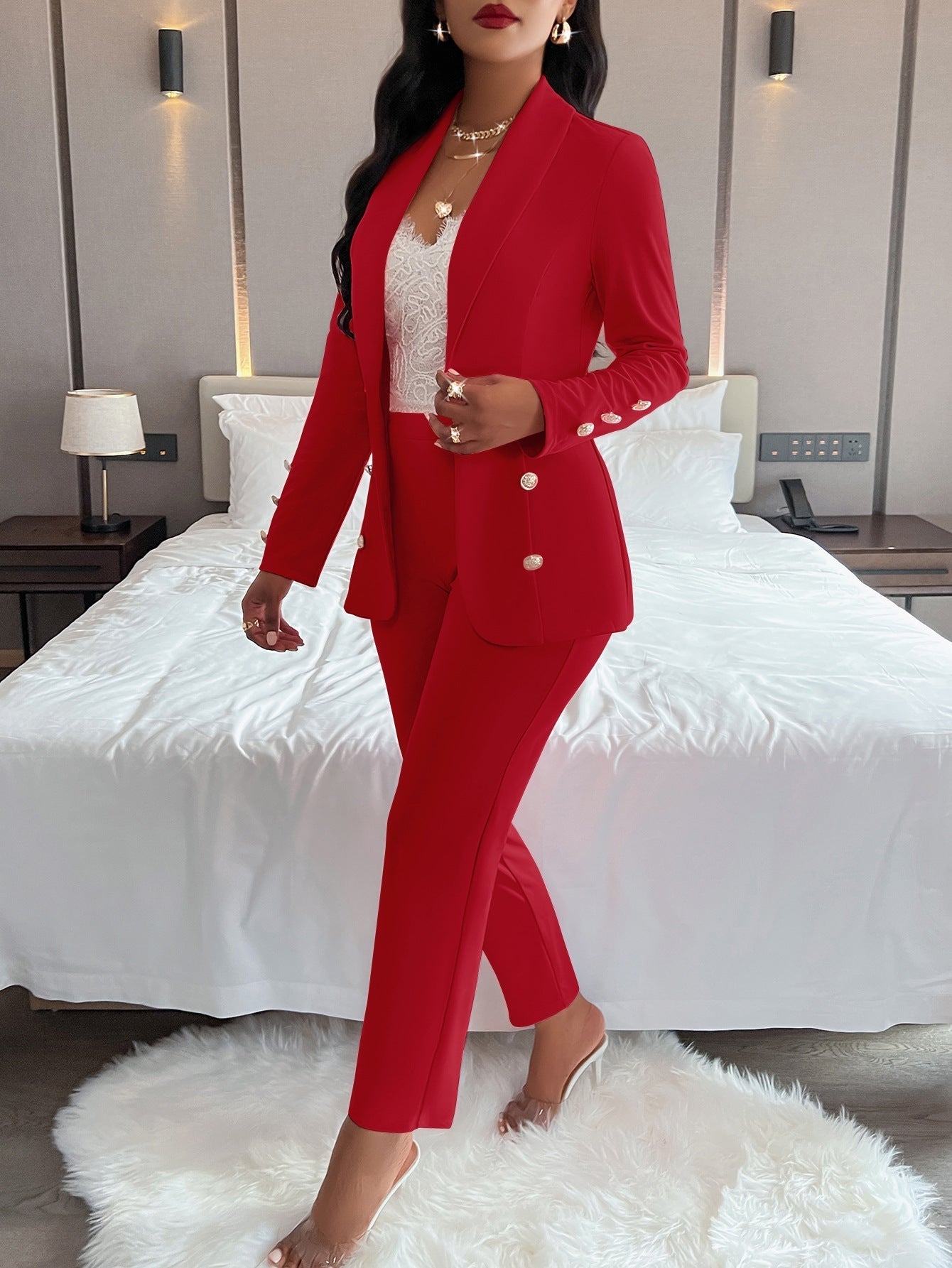 Damen Anzug Set – Taillierter Schnitt – Doppelreihig – Business Look – Hoher Bund