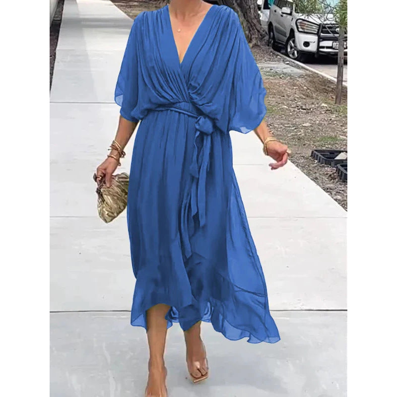 Damen Maxikleid – Lockerer Schnitt – Batwing Ärmel – Taillengürtel – Asymmetrischer Saum