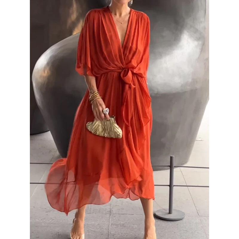 Damen Maxikleid – Lockerer Schnitt – Batwing Ärmel – Taillengürtel – Asymmetrischer Saum