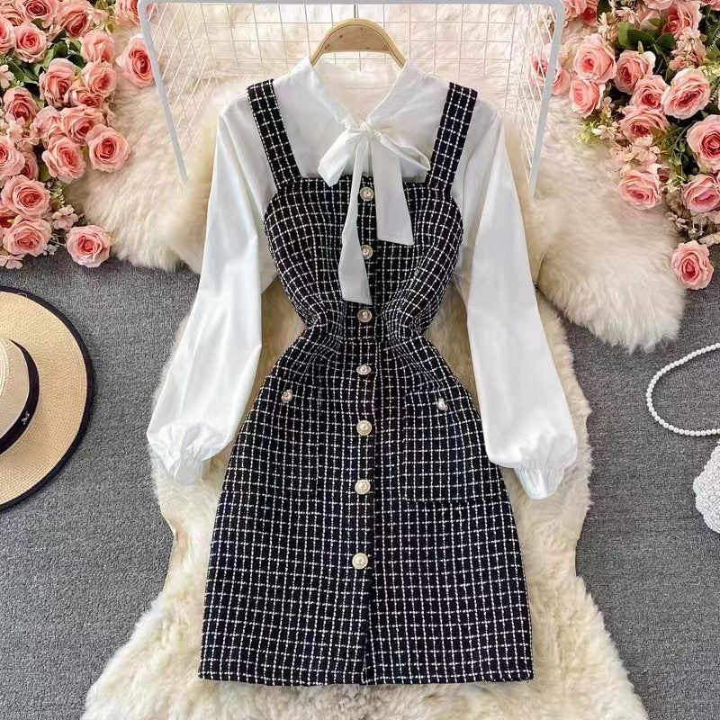 Damen Zweiteiler Kleidset – Tweed Pinafore Kleid – Schleifenbluse – Tailliert Elegant