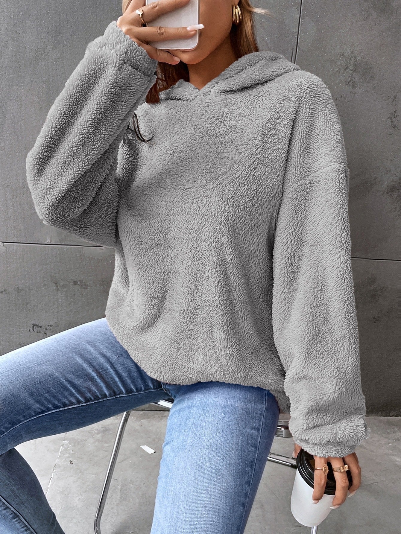 Damen Kapuzenpullover – Lockerer Schnitt – Fleece – Kurz – Langarm – Loungewear