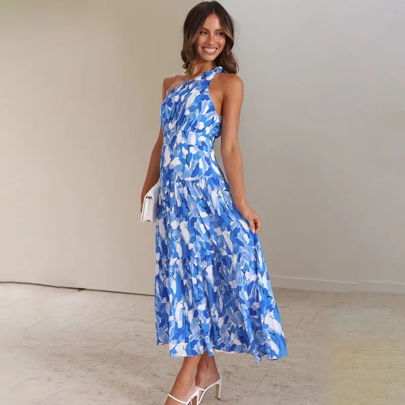 Damen Maxikleid – One Shoulder – A-Linie – Ärmellos – Bedruckt – Atmungsaktives Gewebe