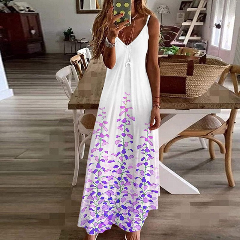 Damen Maxikleid – Lockerer Schnitt – V-Ausschnitt – Spaghettiträger – Blumenmuster