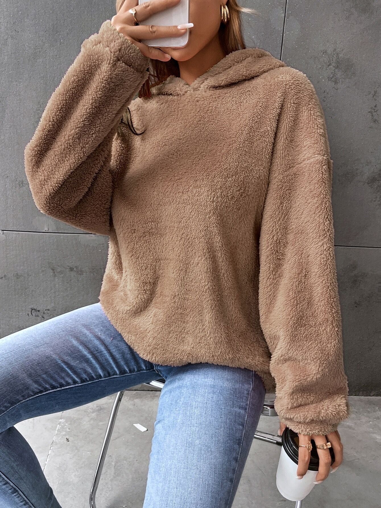 Damen Kapuzenpullover – Lockerer Schnitt – Fleece – Kurz – Langarm – Loungewear