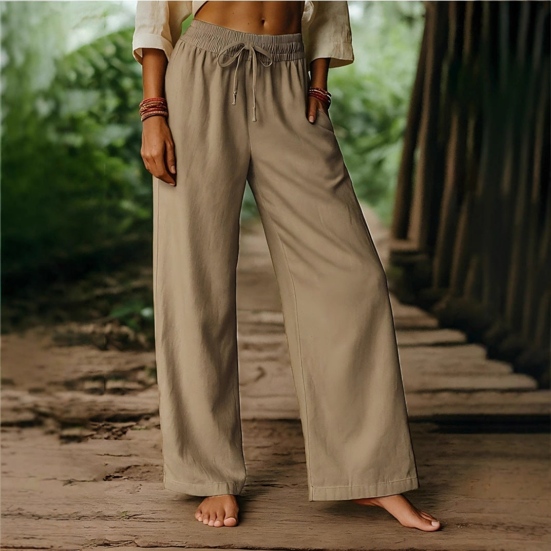 Damen Weite Hose – Baumwoll Leinen – Lockerer Schnitt – Elastischer Bund mit Taschen