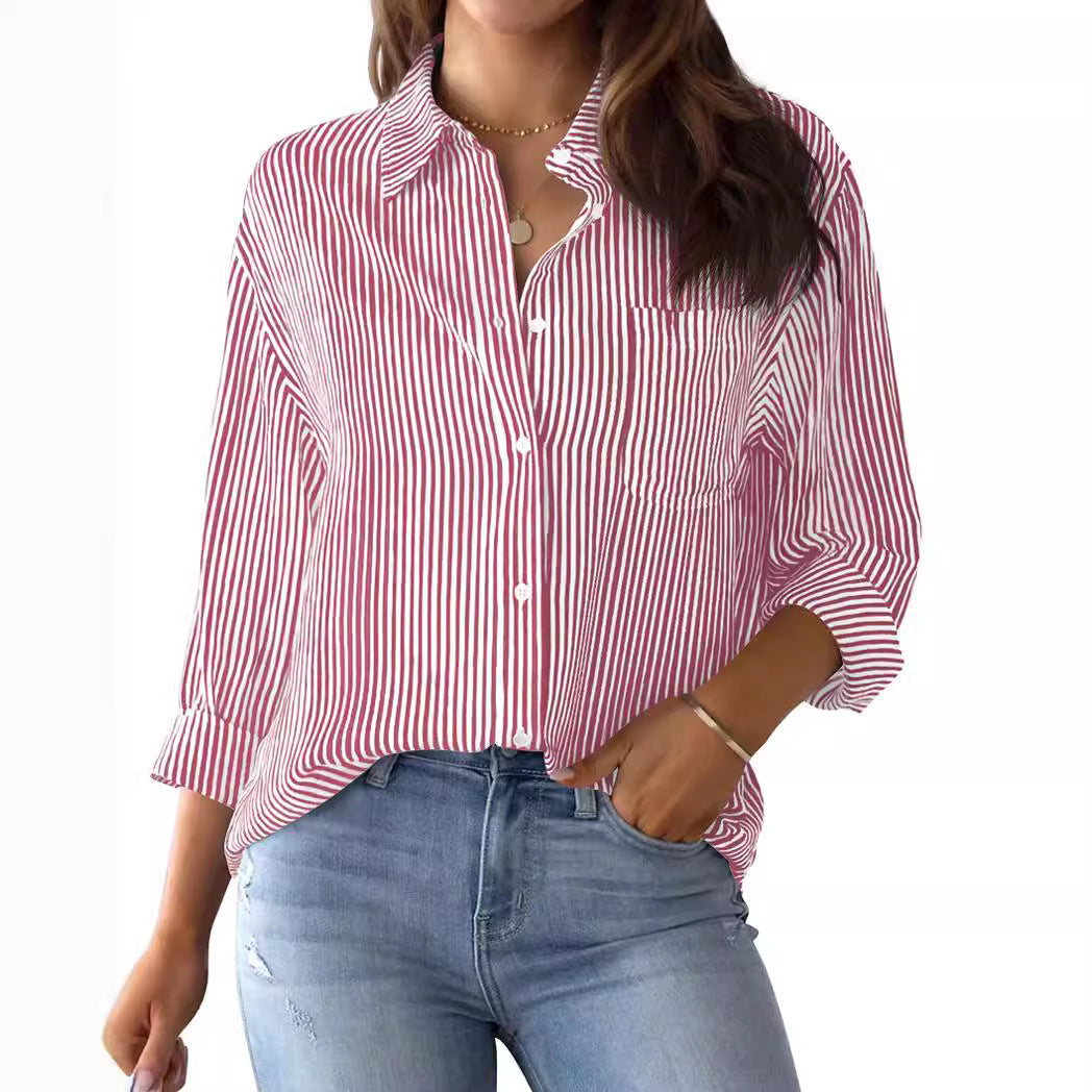 Damen Bluse – Lockerer Schnitt – Naturfasern – Gestreift mit Knopfleiste