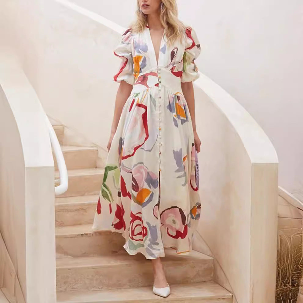 Damen Maxikleid – Natürliche Fasern – Lockere Passform – Ballonärmel – Knopfleiste
