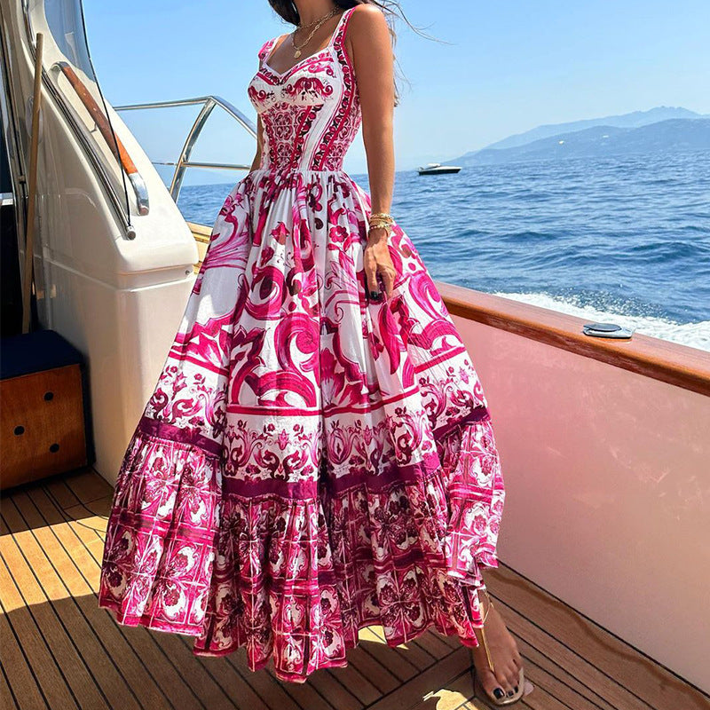 Damen Trägerkleid – Luftiges Design – Fließender Schnitt – Stufenrock – Allover-Print