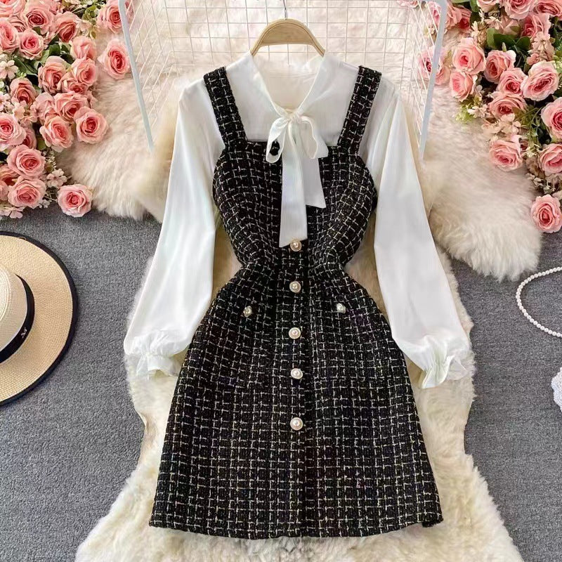 Damen Zweiteiler Kleidset – Tweed Pinafore Kleid – Schleifenbluse – Tailliert Elegant