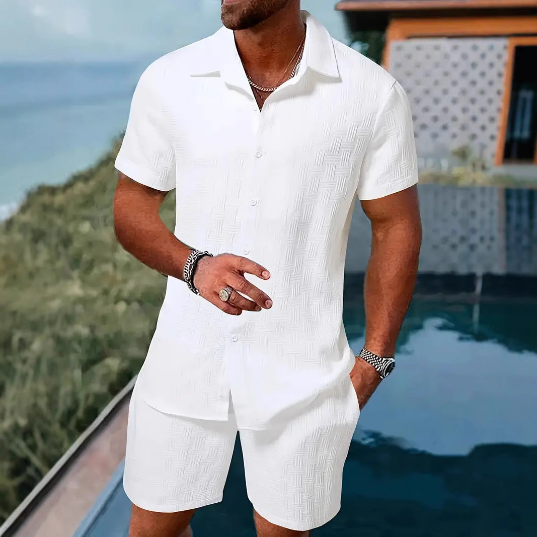 Herren Zweiteiler Set – Relaxed Fit – Jacquard Textur – Naturfasern – Kurzarm Hemd