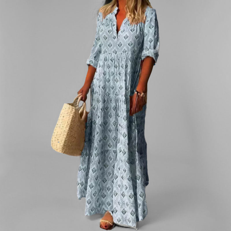 Damen Maxikleid – Lockere Passform – V-Ausschnitt – Vintage Muster – 3/4 Ärmel