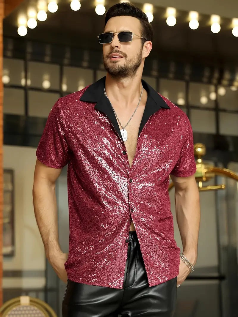 Herren Hemd – Slim Fit – Paillettenbesatz – Kontrastkragen – Festlicher Look