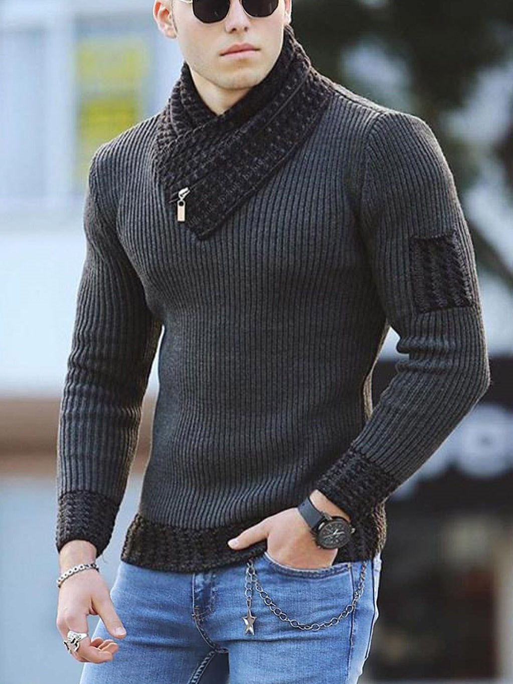 Herren Pullover – Slim Fit – Rippenstrick – Schalkragen mit Reißverschluss – Wollmix
