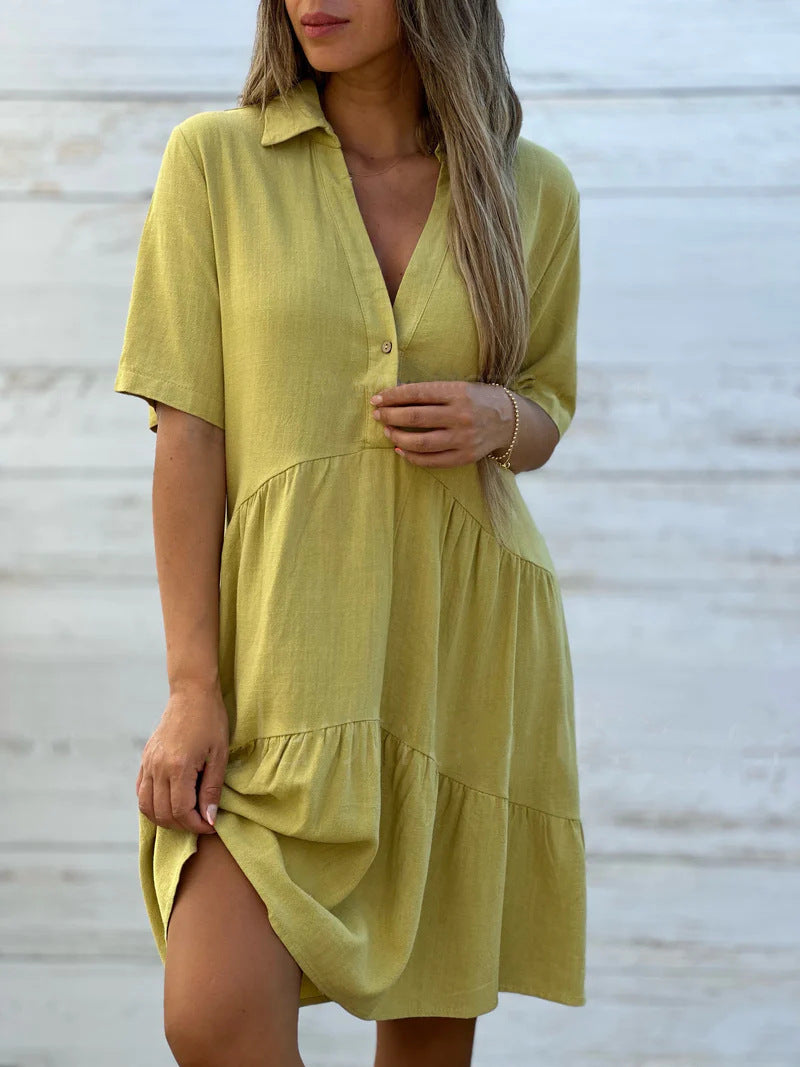 Damen Kleid – Relaxed Fit – Kurzarm – Knopfleiste mit Kragen – Stufig – Naturfaser